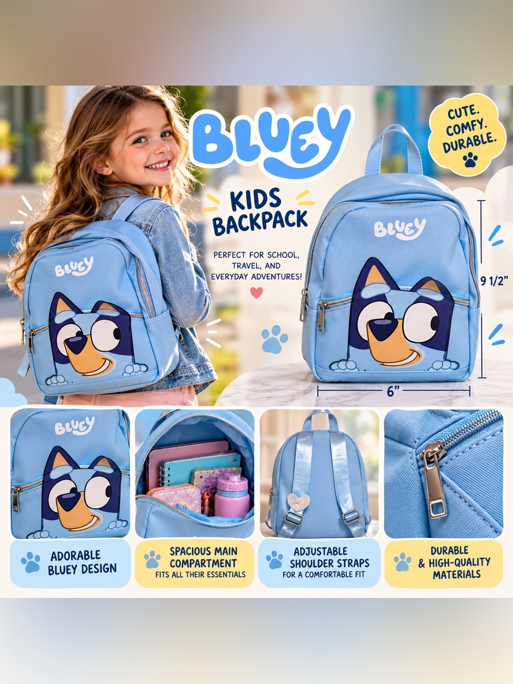 Bluey Light Blue Kids Mini Backpack with Character Graphic faux leather